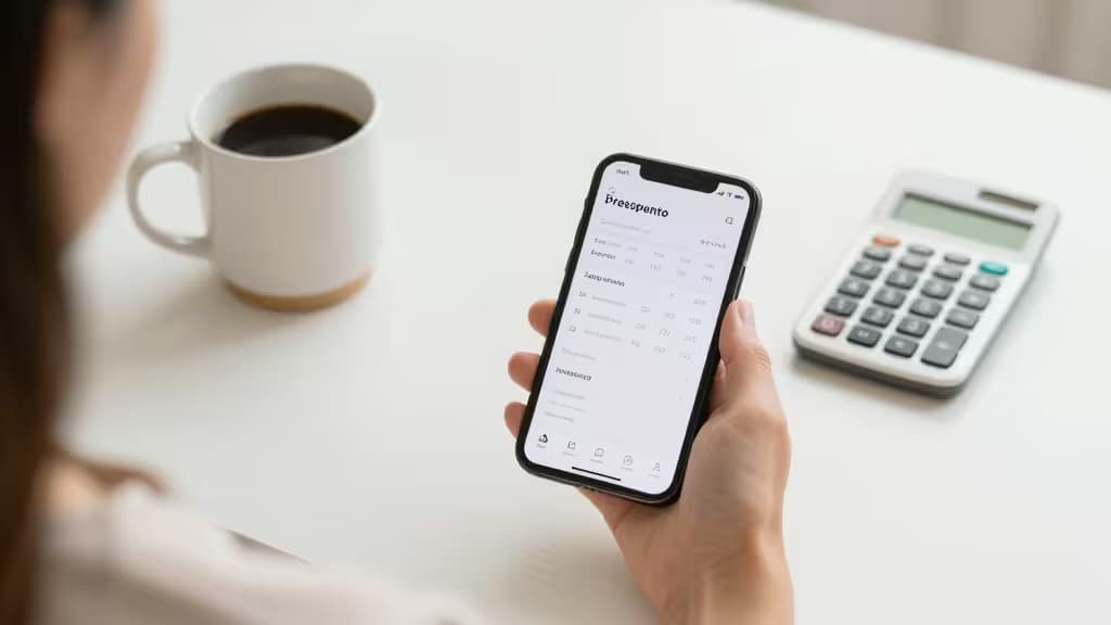 Una mujer sostiene un smartphone que muestra una app de presupuesto, con una taza de café y una calculadora sobre un escritorio limpio y ordenado.