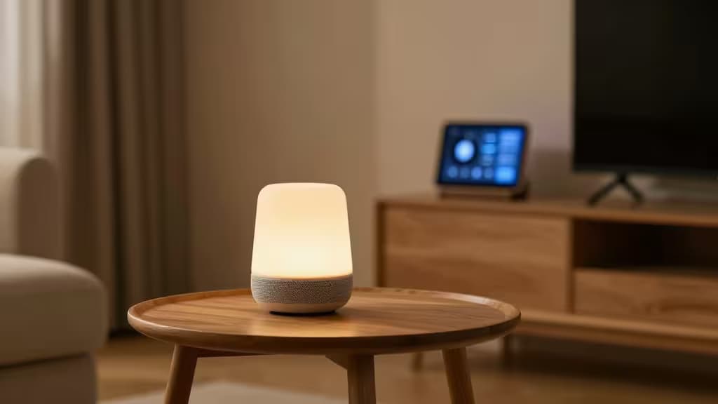 Une enceinte connectée posée sur une table en bois dans un salon doucement éclairé, ambiance sereine et apaisante.