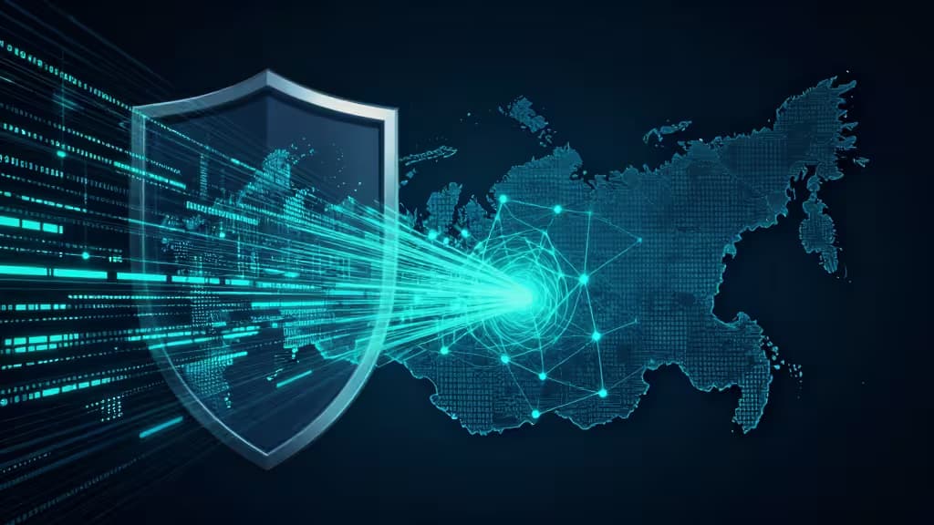A glowing shield deflects digital data streams toward a networked map of Russia, symbolizing secure VPN bypassing censorship.