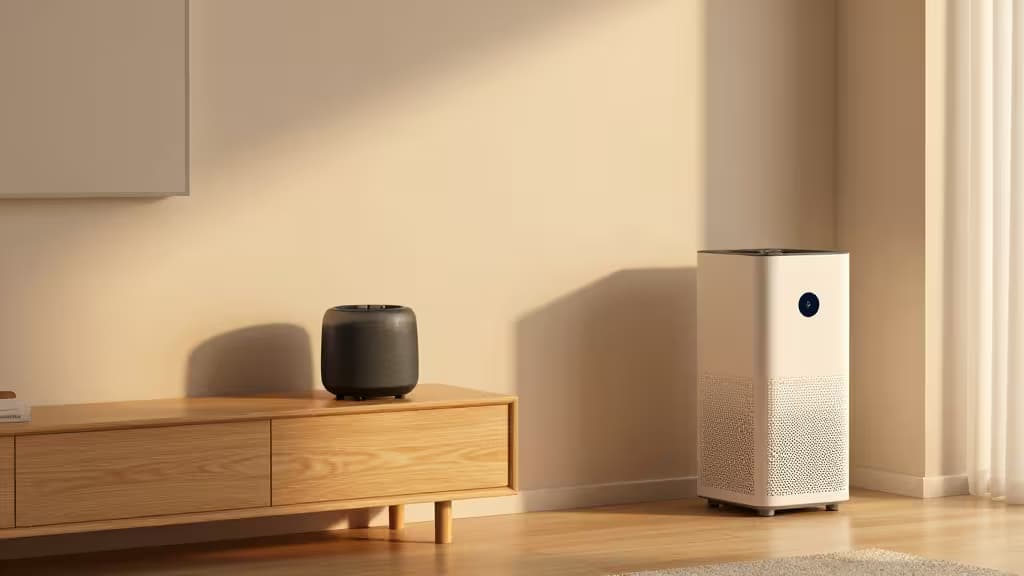 Un purificador de aire blanco y un altavoz inteligente negro sobre un mueble de madera clara en una sala de estar minimalista iluminada por el sol.
