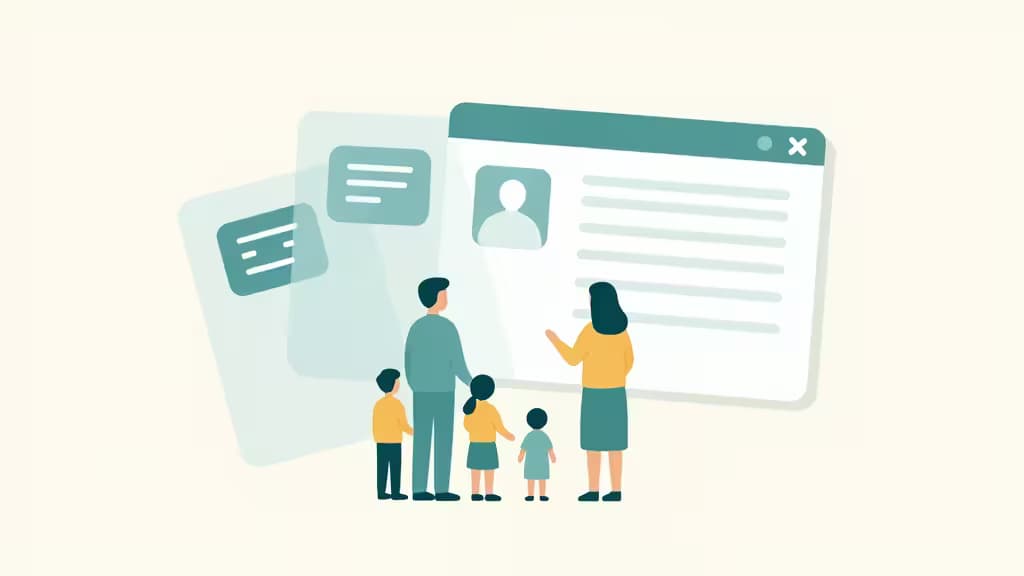 Une famille observe un écran d'application de suivi des dépenses, illustrant la gestion partagée des abonnements familiaux.