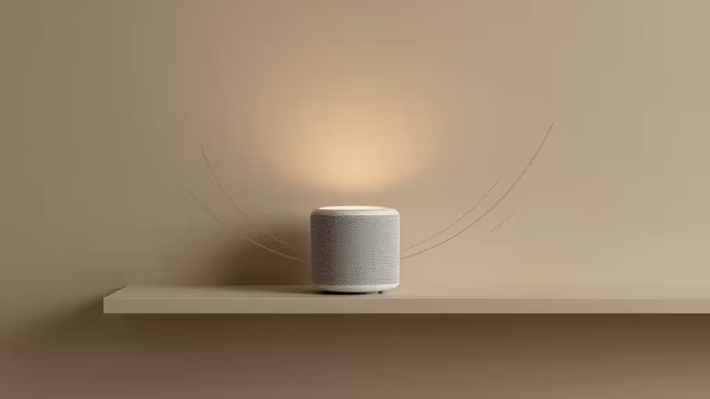 White fabric smart speaker on beige shelf, emitting warm light and subtle signal arcs against minimalist backdrop.