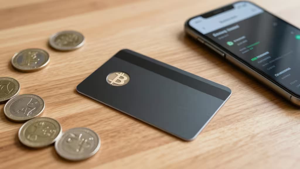 Una tarjeta crypto negra con el logo de Bitcoin descansa junto a monedas y un smartphone que muestra una app de staking.
