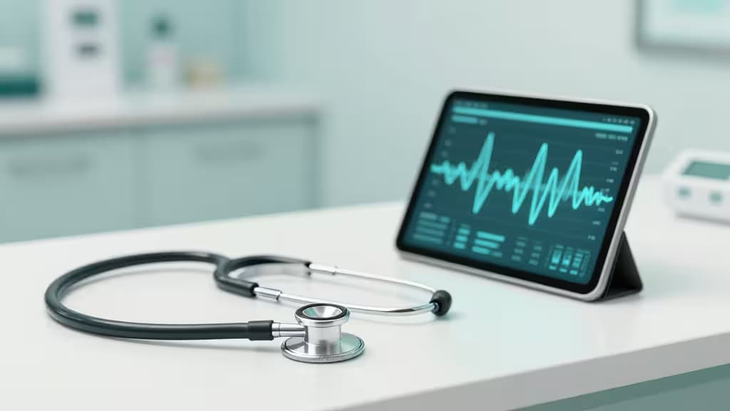 Estetoscopio junto a una tablet que muestra signos vitales analizados por IA sobre el mostrador de una clínica.