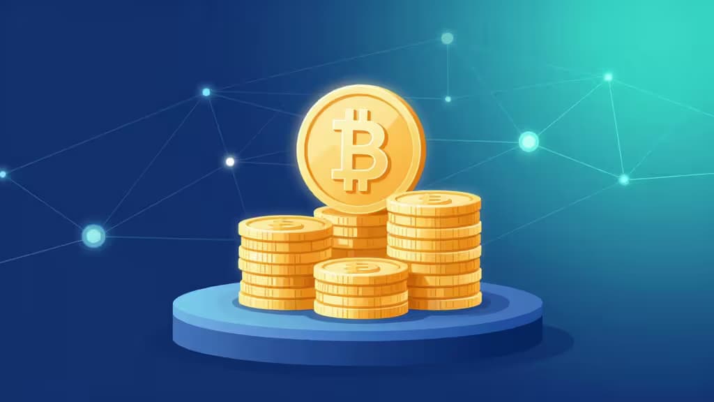 Golden Bitcoin coins stack on a blue platform, connected by glowing network lines against a gradient teal-blue background.