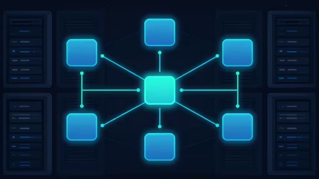 Glowing blue workflow nodes connect via luminous lines across a dark server rack background, symbolizing self-hosted orchestration.