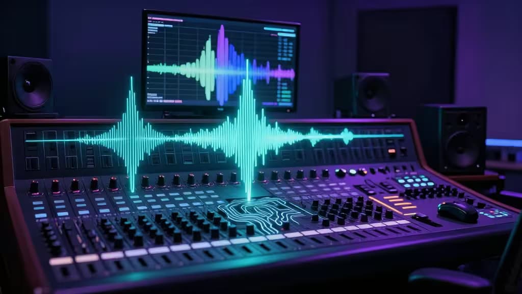 Glowing holographic waveforms rise from a sleek mixing console, surrounded by speakers and monitors in a futuristic, neon-lit studio.