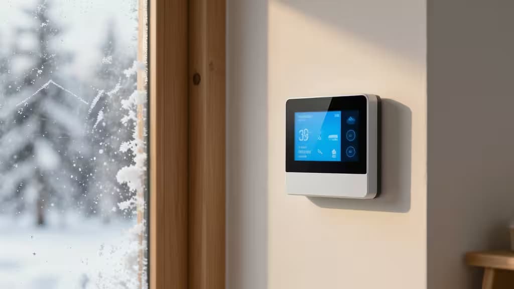 Een strakke witte slimme thermostaat met blauw digitaal display, gemonteerd op een beige wand naast een houten raam met besneeuwde bomen erachter.