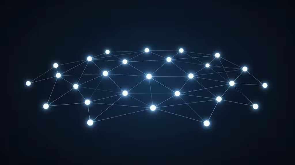 Abstract illustration of a distributed serverless network with glowing connected nodes on a dark gradient background