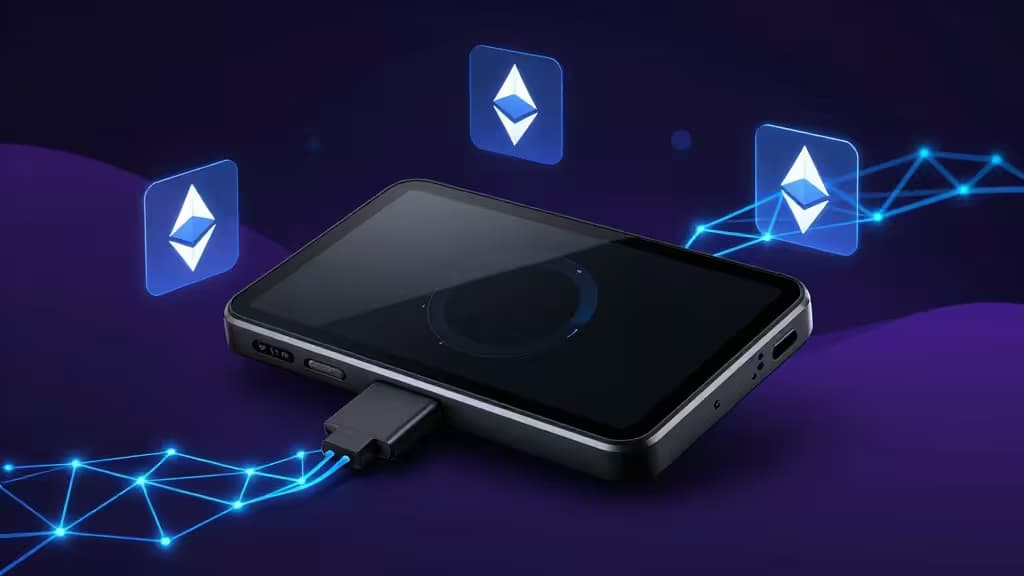 Keystone 3 Pro hardware wallet with Ethereum icons and network lines on purple background.