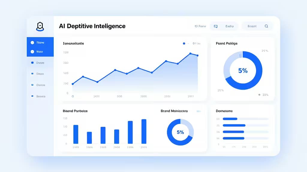 Un tableau de bord d'intelligence concurrentielle IA affiche des graphiques en courbes, des diagrammes en barres et des métriques en anneau dans des tons bleus.