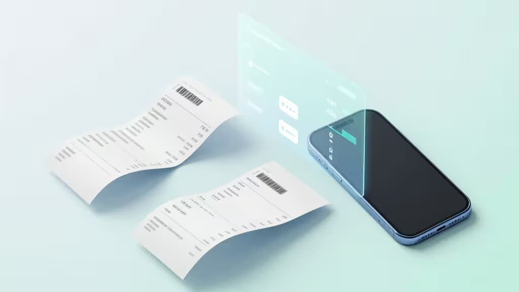 Vue aérienne abstraite d'un bureau avec des reçus, un smartphone numérisant un reçu et des éléments de tableau de bord financier flottant au-dessus