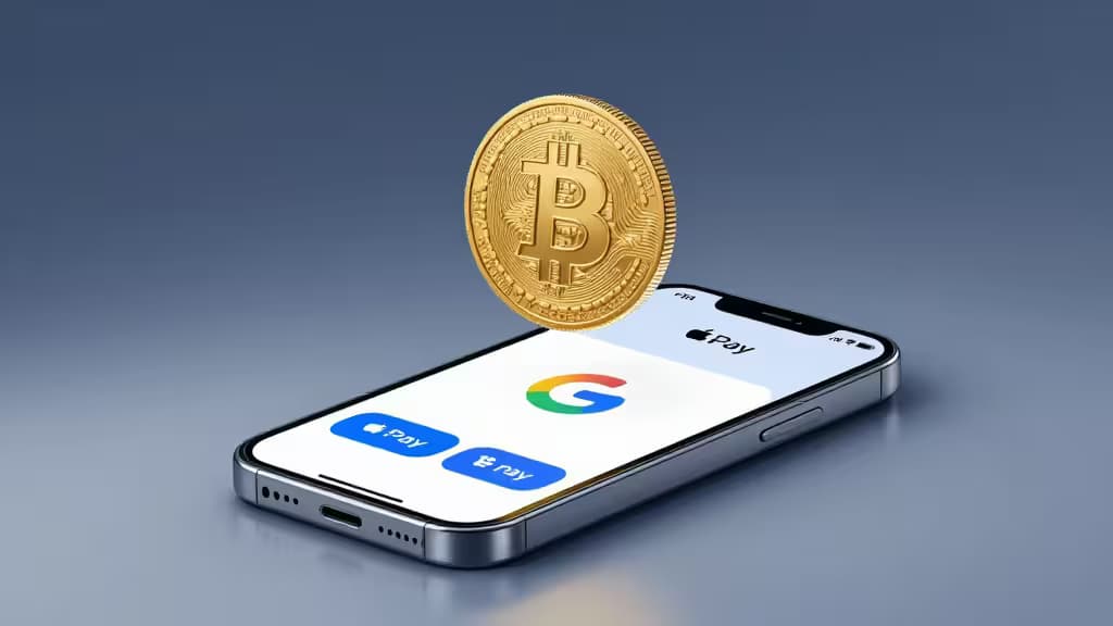 Une pièce Bitcoin dorée flotte au-dessus d'un smartphone affichant les logos Apple Pay et Google Pay sur son écran.