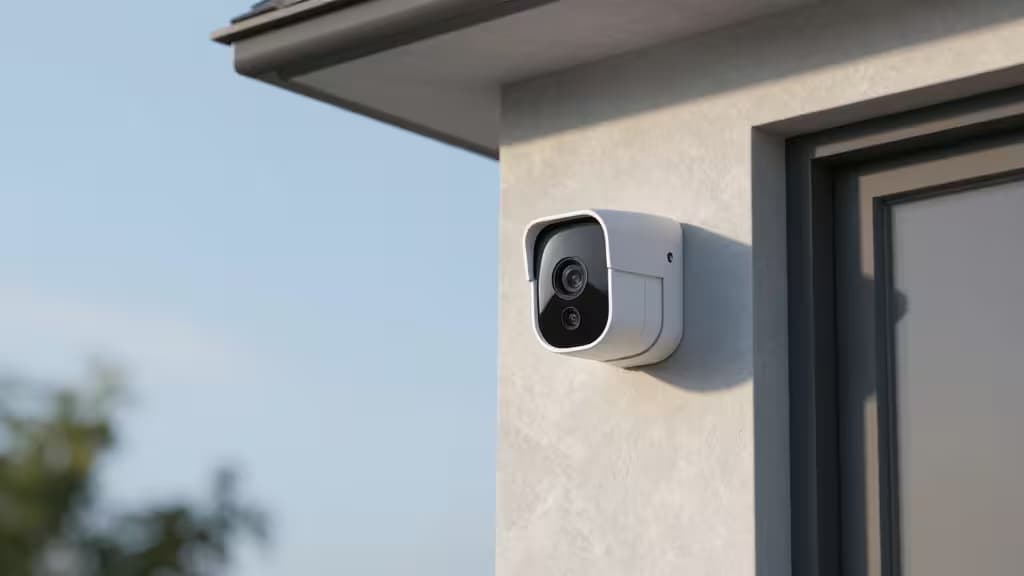Una cámara de seguridad blanca y elegante montada en la pared exterior de una casa moderna.
