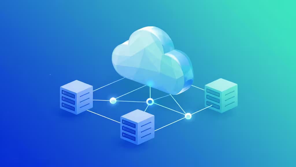 A translucent blue cloud connects to three server cubes via glowing network lines on a gradient blue-green background.