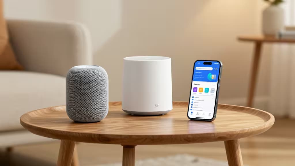 Gray HomePod mini and white Aqara hub sit beside iPhone on wooden table.