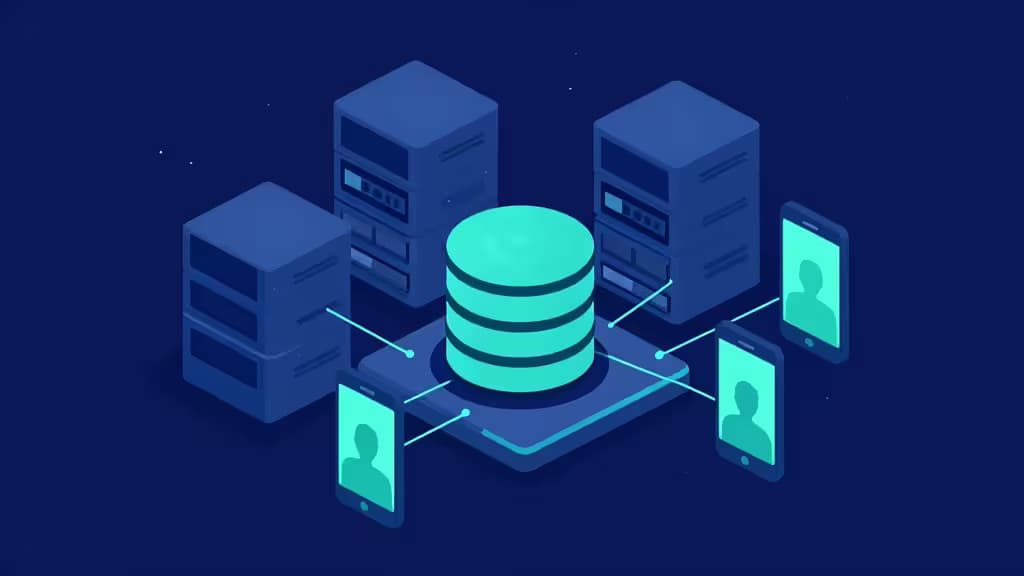 Isometric teal database connects to smartphones and server racks on dark blue background.