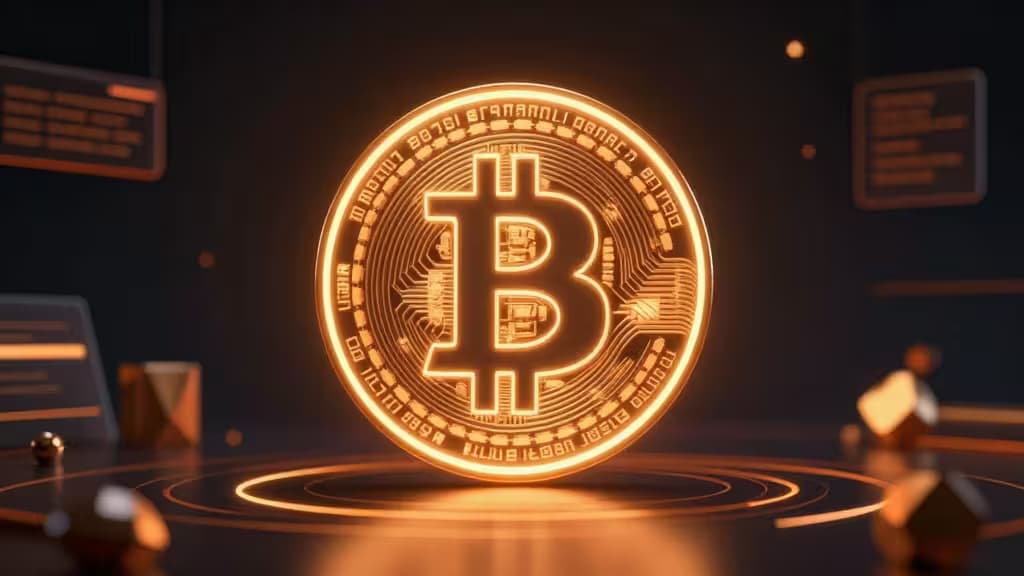 Glowing Bitcoin coin hovers above circuit-patterned surface, surrounded by digital interface elements.