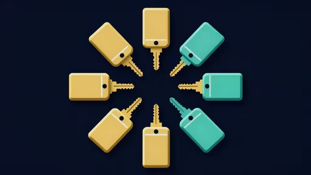 Sept clés en flat-design — cinq dorées, deux turquoise — rayonnent symétriquement depuis le centre sur fond navy sombre, symbolisant la sécurité multi-signatures crypto.