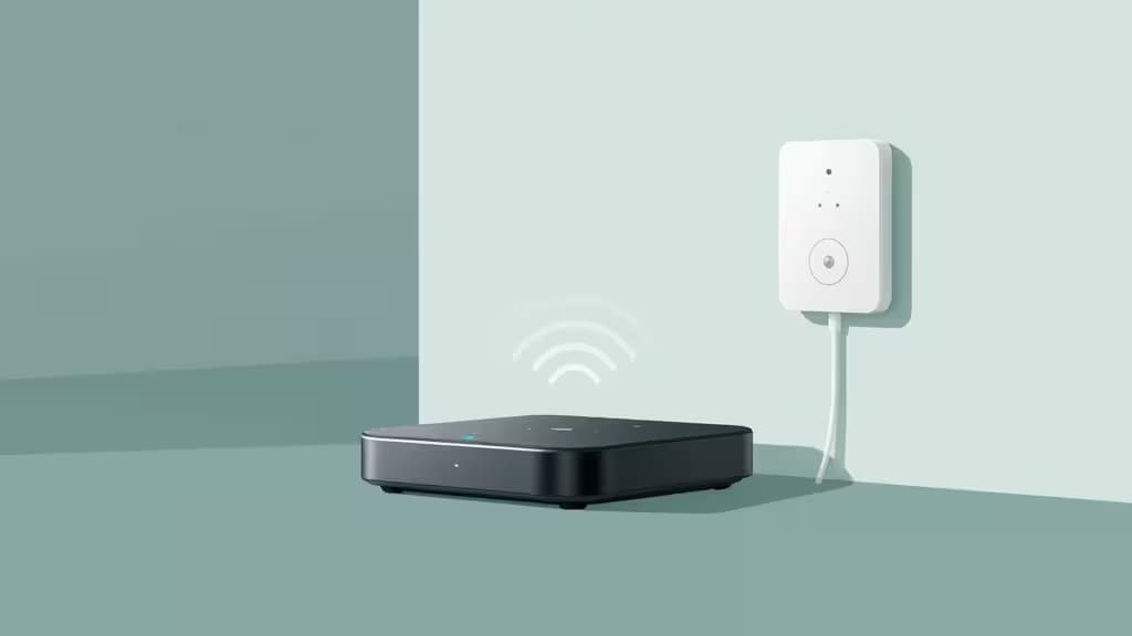 Abstract illustration of a smart home security base station with wireless signal waves and door sensors in muted teal tones.