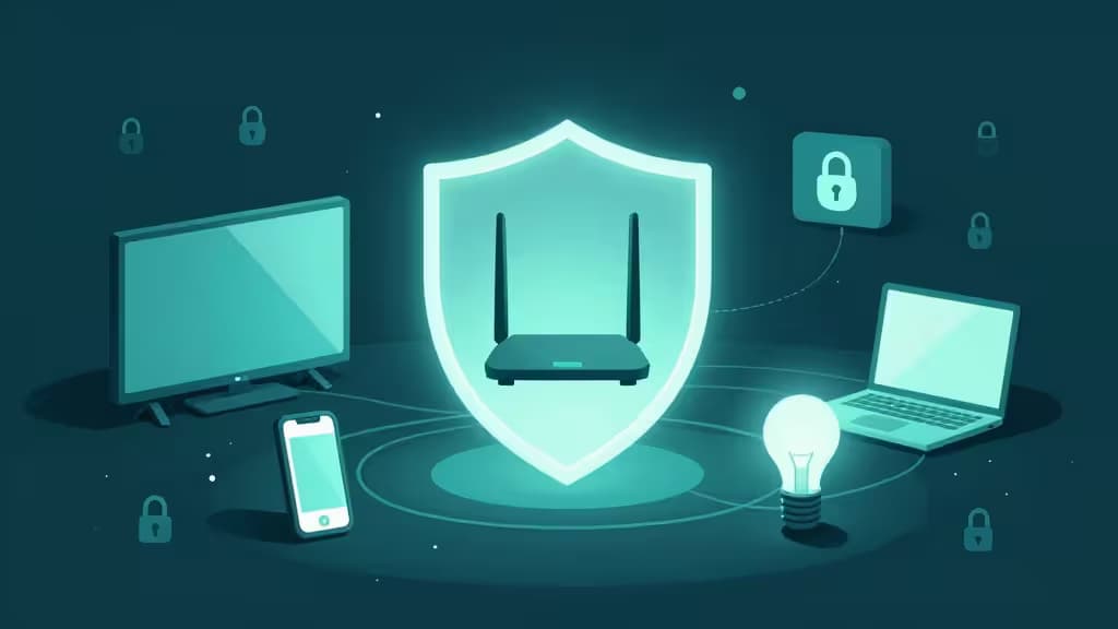 Glowing shield envelops router, protecting TV, laptop, phone, and smart bulb with teal lock icons.