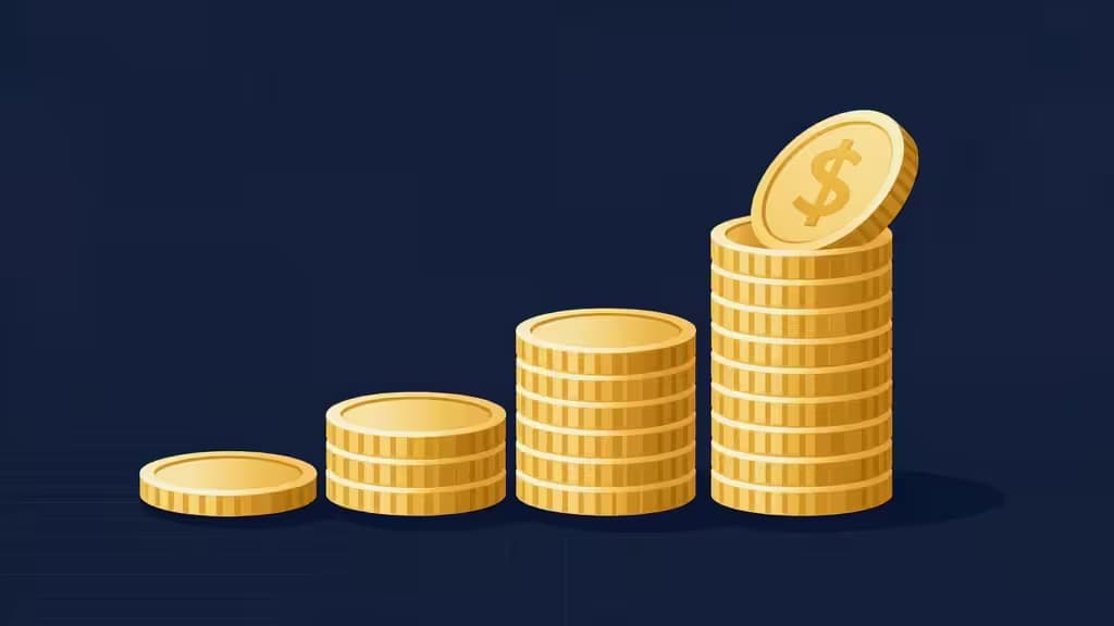 Abstract illustration of ascending coin-shaped steps forming a gentle upward staircase in navy and gold tones, representing dollar-cost averaging into cryptocurrency.