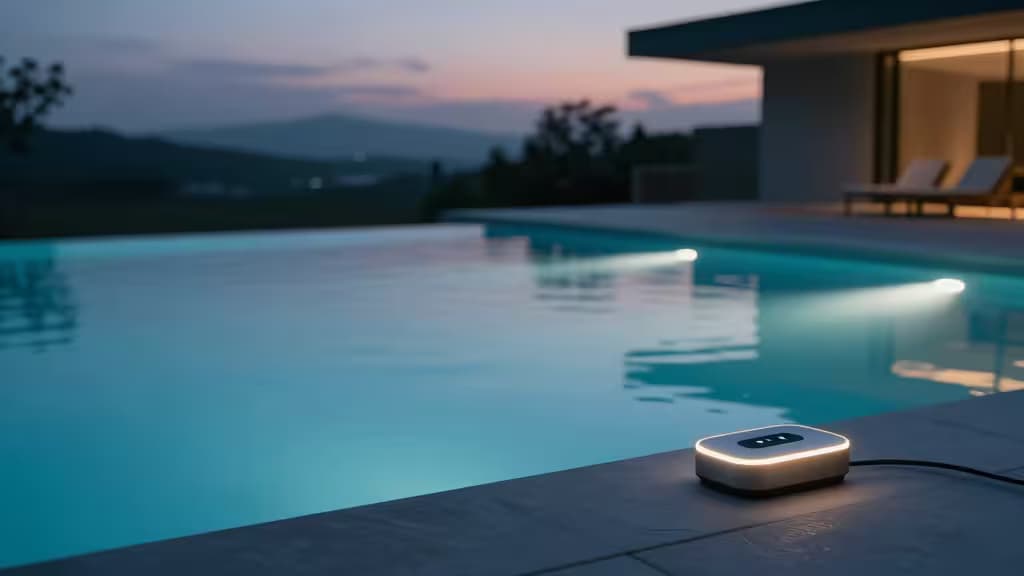 A sleek, glowing smart controller rests on the stone edge of a modern infinity pool illuminated by underwater LEDs at dusk.