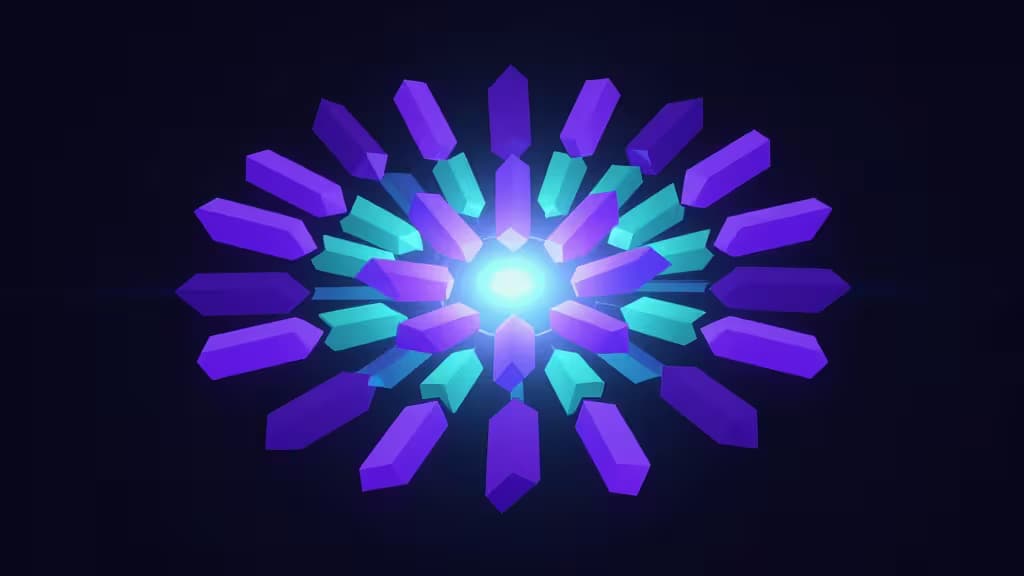 Glowing purple and teal crystals radiate from a central light, symbolizing Solana's staking ecosystem.