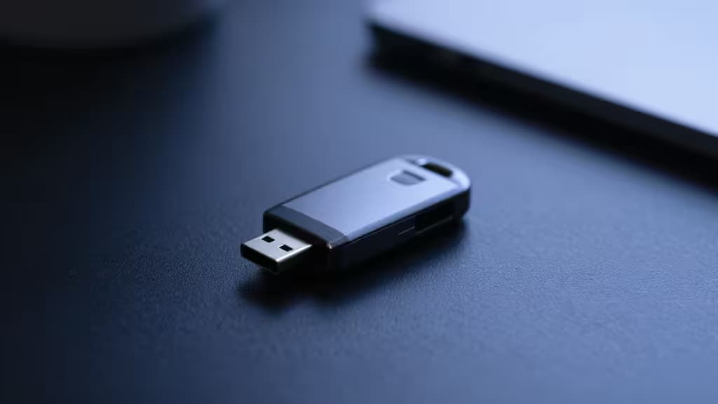 Llave de seguridad USB-C sobre un escritorio oscuro con iluminación azul suave, fotografía de producto tecnológico
