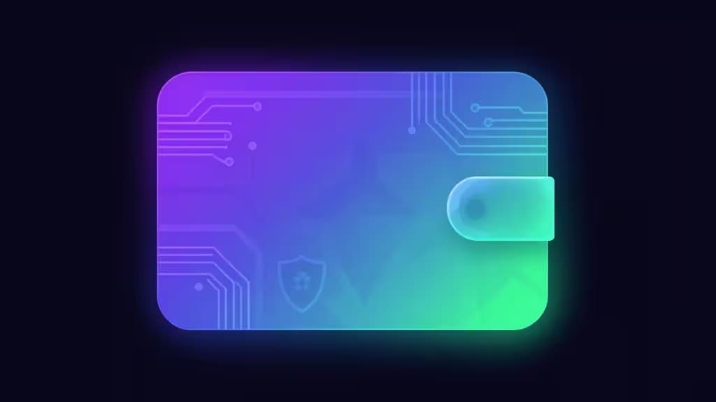 Abstract illustration of a glowing blockchain wallet interface with Solana-inspired purple and teal gradient colors, geometric circuit patterns, and a shield motif representing security.