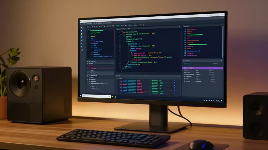 A sleek monitor displays React code with error logs, flanked by studio speakers on a wooden desk.