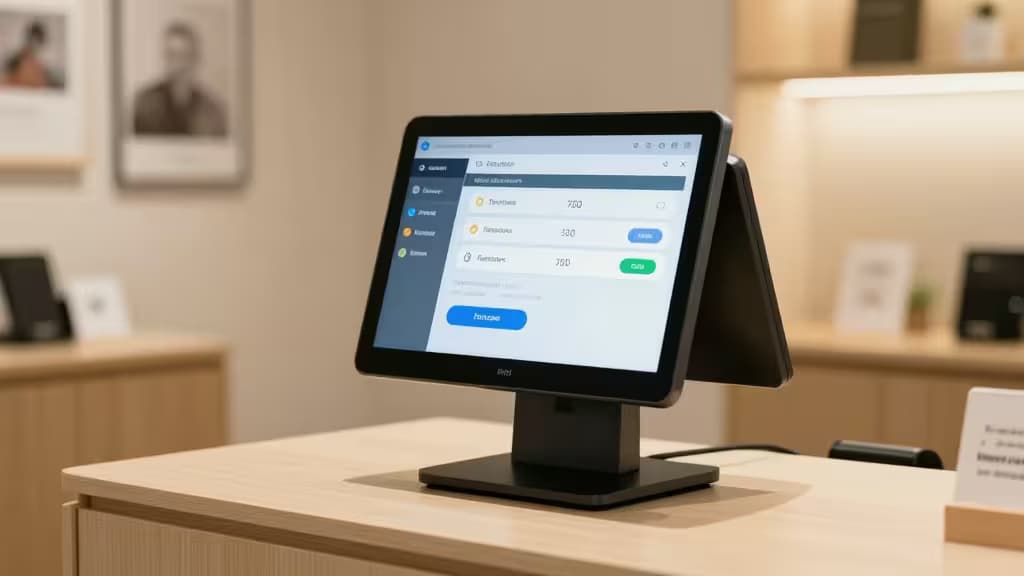 Un terminal POS negro y elegante muestra opciones de pago en cuotas en su pantalla, sobre un mostrador de madera clara en un comercio moderno.