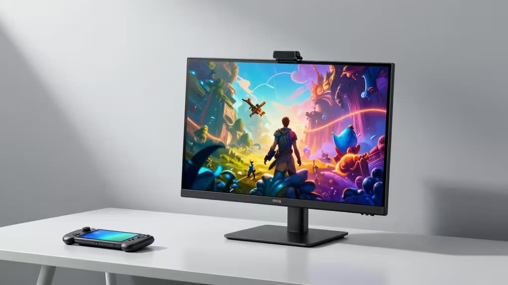 Black portable monitor displays vibrant game art beside a handheld console on a white desk.
