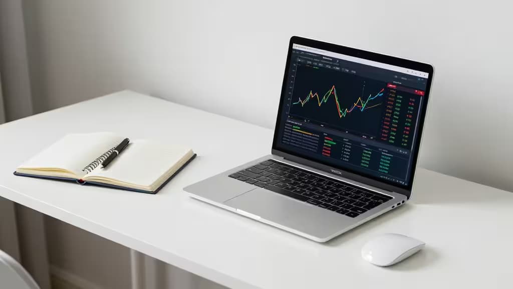 Laptop con gráficos de criptomonedas sobre escritorio blanco junto a libreta, bolígrafo y ratón, luz natural suave