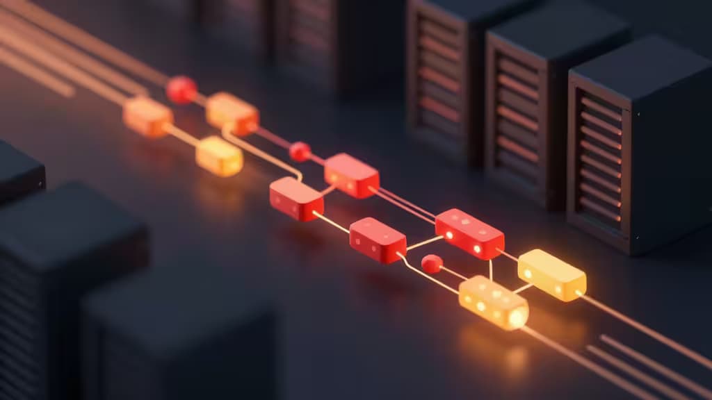 Illustration abstraite d'un cache en mémoire haute vitesse avec des nœuds de données lumineux connectés par des traînées de lumière sur fond sombre