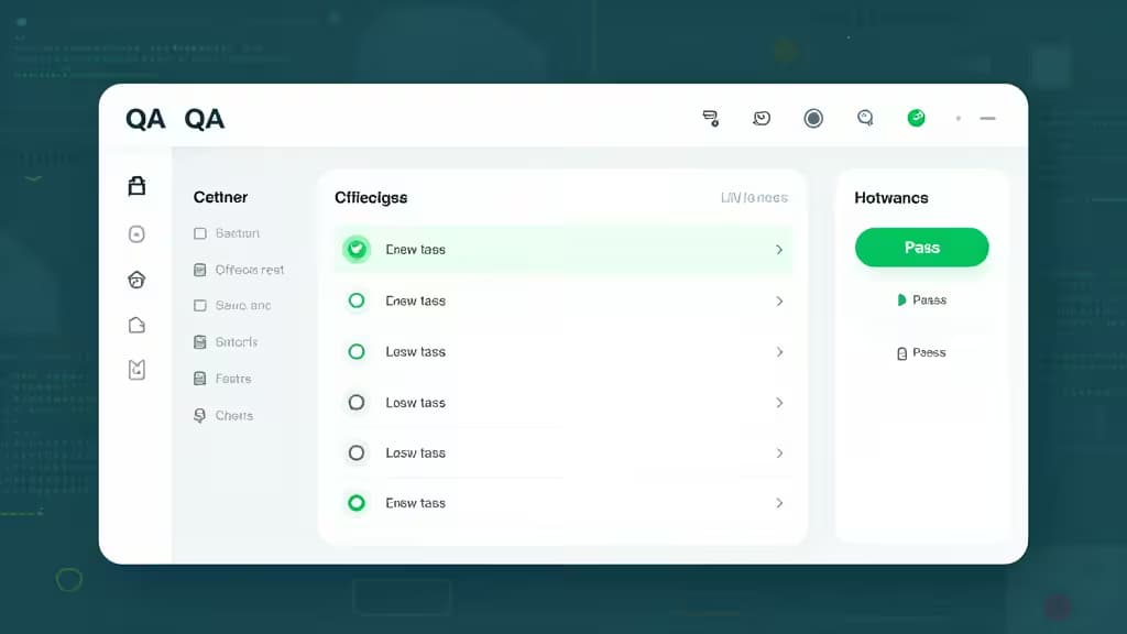 AI駆動のQAテストダッシュボードのUI。緑色のハイライトで「Pass」ボタンが目立つ、モダンなテスト自動化インターフェース。