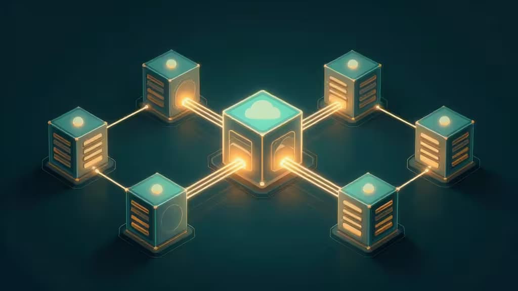 Illustration abstraite de nœuds de workflow serverless interconnectés orchestrant des pipelines de données dans une infrastructure cloud