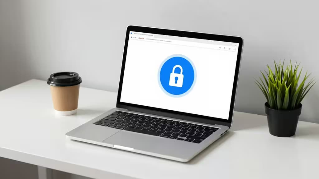 Laptop displays padlock icon, flanked by coffee cup and plant on white desk.