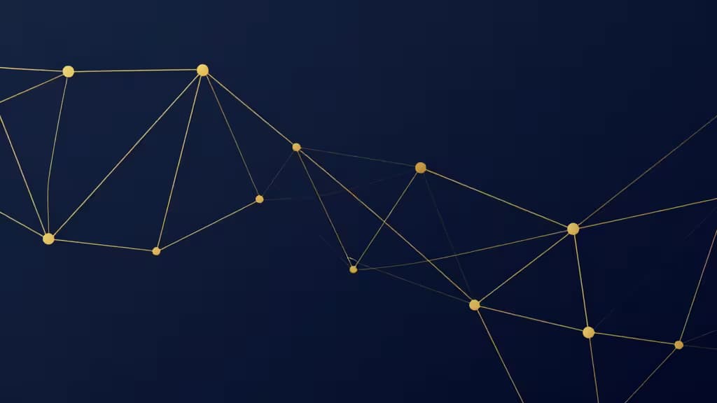Points dorés et lignes de connexion sur fond bleu foncé symbolisant les connexions d'un logiciel fiscal crypto.