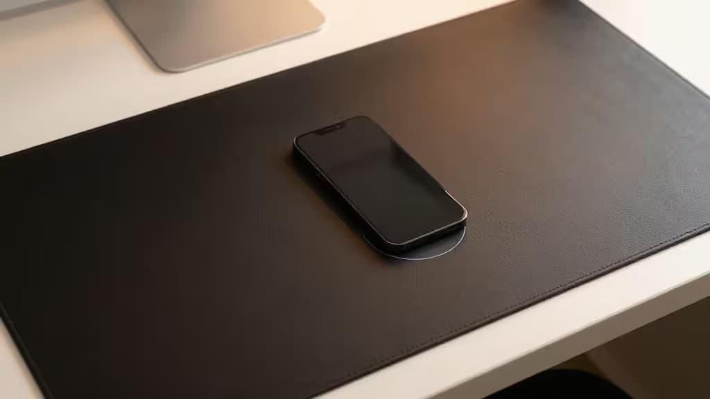 A minimalist desk workspace viewed from above, showing a dark desk mat with a smartphone resting on a faintly glowing wireless charging zone in one corner.