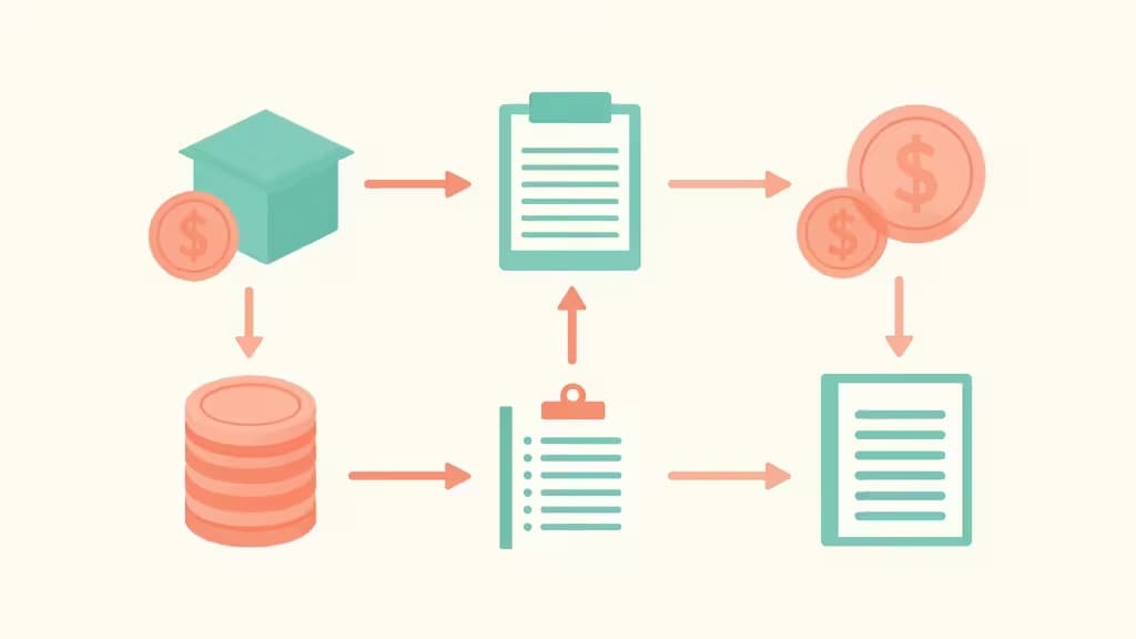 Teal and coral flat icons depict nonprofit financial workflows: donations, savings, payments, and reports connected by arrows.