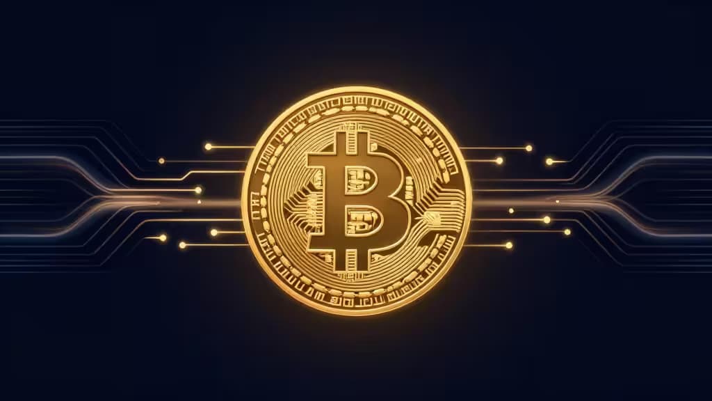Representación abstracta de un Bitcoin dorado rodeado de flujos de luz digital sobre fondo azul oscuro, simbolizando la velocidad de compra instantánea.