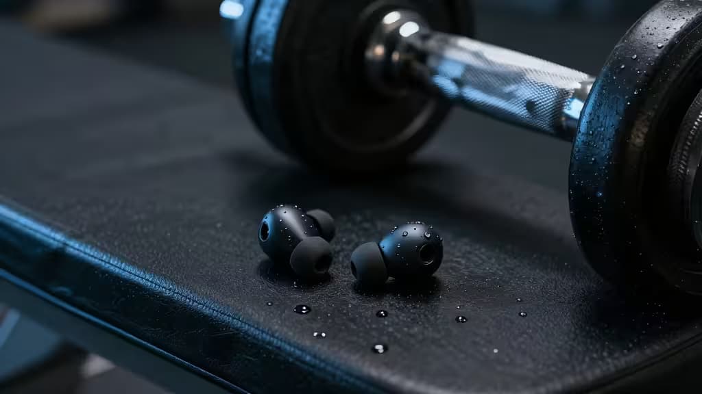 Auriculares inalámbricos negros sobre un banco de gimnasio húmedo junto a una mancuerna, destacando el diseño resistente al sudor para entrenamientos intensos.