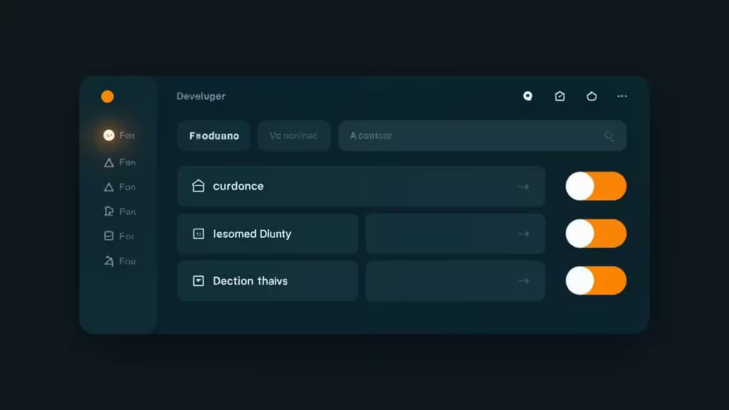 Dark-themed UI panel displays three orange toggle switches for feature flags, labeled with developer-centric terms like "curdonce" and "lesomed Dianty," against a deep teal interface.