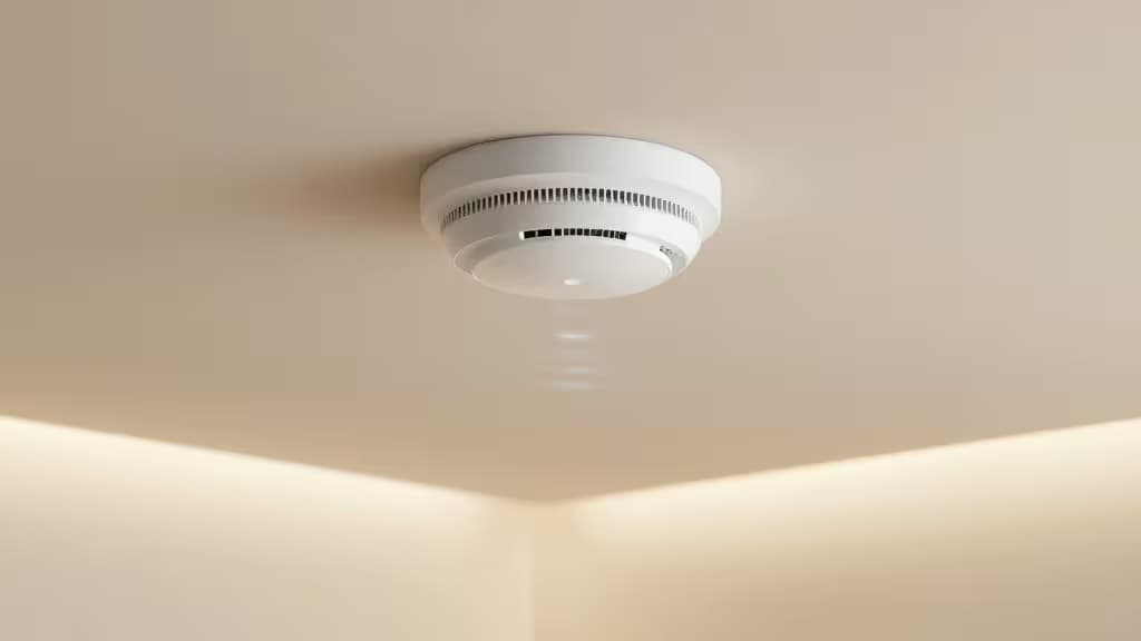 Modern smart home interior with a ceiling-mounted smart smoke detector and warm ambient connected-home lighting