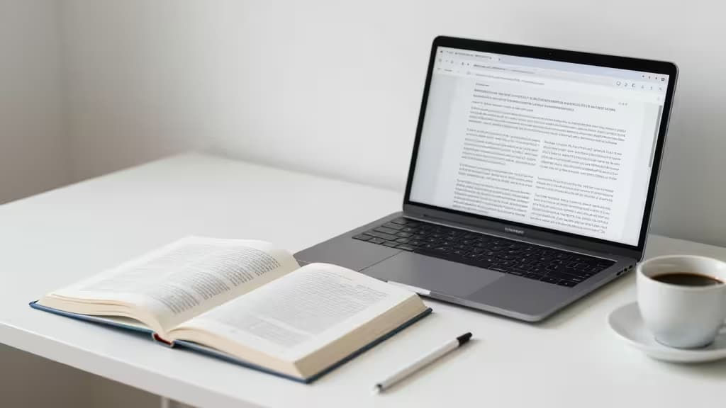 Open book, laptop displaying text, and coffee cup on white desk evoke scholarly AI-assisted writing.