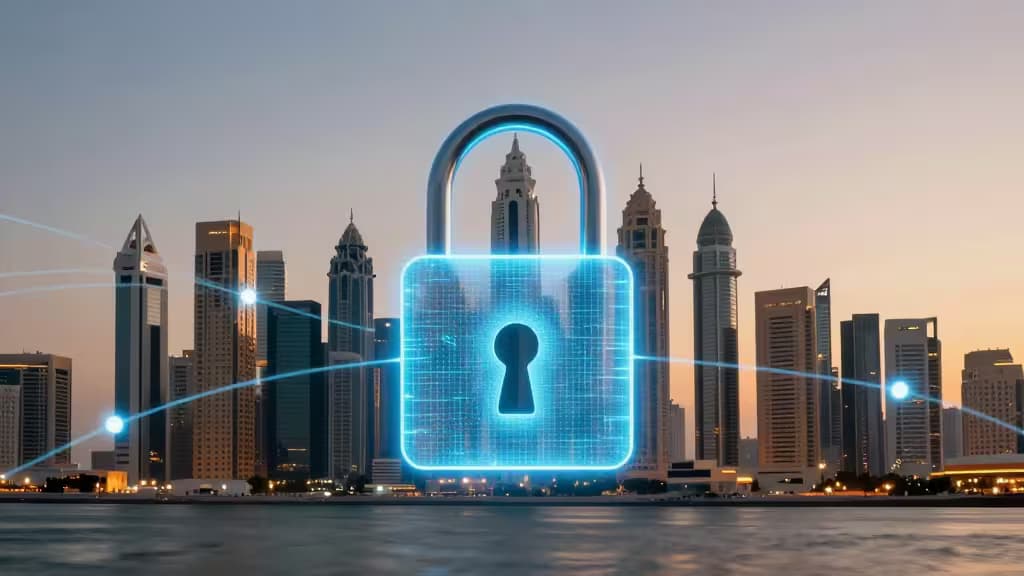 Cadenas numérique lumineux surplombant la skyline de Dubaï, symbolisant un accès Internet sécurisé et sans restriction pour les voyageurs.