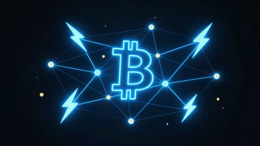 Rete Lightning Network rappresentata da nodi luminosi interconnessi con simboli Bitcoin su sfondo scuro
