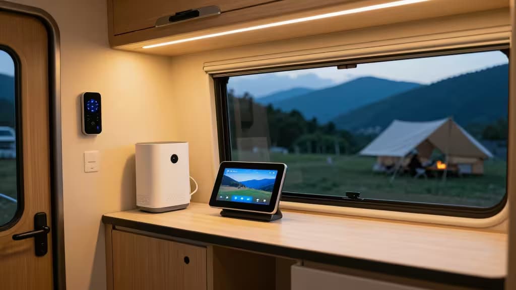 Interior de autocaravana con pantalla inteligente y purificador de aire sobre la encimera, con vista a un campamento de montaña al atardecer.