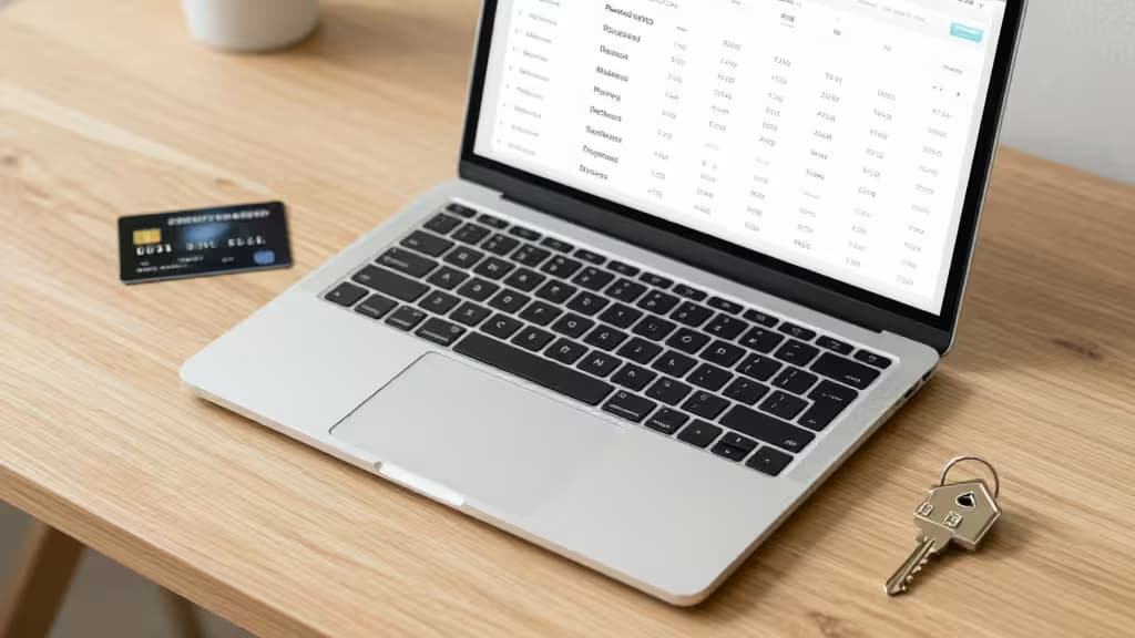 Silver laptop displays financial data beside a black credit card and house key on wood desk.